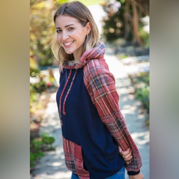 Navy Blue Cashmere Feel Fall Plaid Hooded Top, Size small - Picture 5 of 8